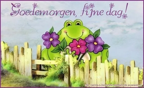 ᐅ fijne dag gewenst - Fijne Dag plaatjes Een vrolijke kikker met bloemen voor een hek en tekst "Goede morgen, fijne dag!"