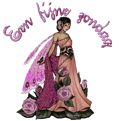 ᐅ fijne dag gewenst - Fijne Dag plaatjes Vrouw in een roze jurk met vleugels, omringd door rozen. Tekst: "Een fijne zondag".