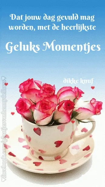 Een kopje met rozen, versierd met hartjes en een gelukkige boodschap.