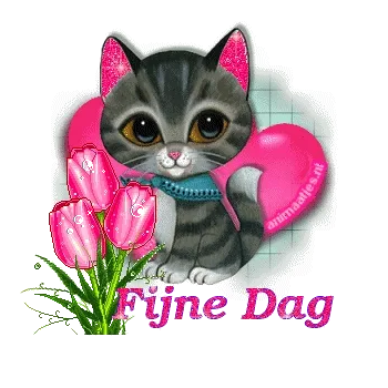 Een schattige kat met tulpen en de tekst "Fijne Dag".
