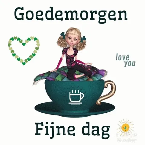 Poppenfiguur zit op een mok met de tekst 'Goedemorgen, Fijne dag'.