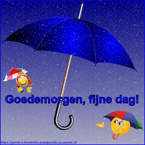 Blauwe paraplu met vrolijke gezichten en de tekst 'Goedemorgen, fijne dag!'