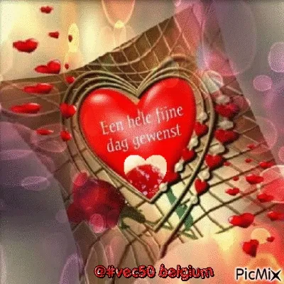 Hart met de tekst "Een hele fijne dag gewenst" omringd door rozenblaadjes.