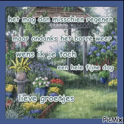 Landschap met bloemen en een pad, tekst over het wensen van een fijne dag.