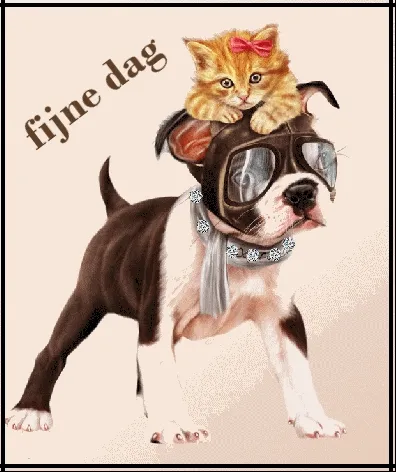 Een puppy met een kitten in een pilotenbril en een schiaf, vrolijk en schattig.