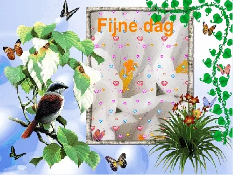 Illustratie van een vogel, bloemen en vlinders met de tekst "Fijne dag" in het midden.