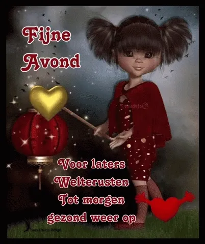 Een schattig meisje met een lantaarn en een hart, met de tekst "Fijne Avond".