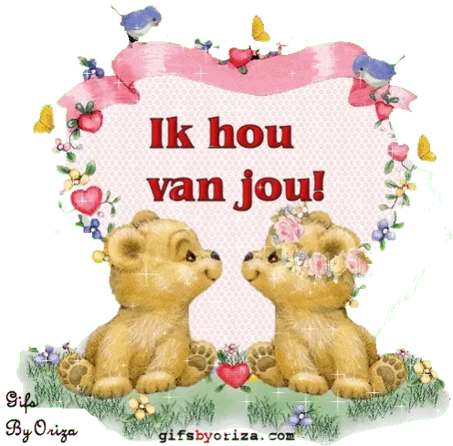 Twee schattige leeuwen kijken elkaar aan met bloemen en hartjes eromheen.