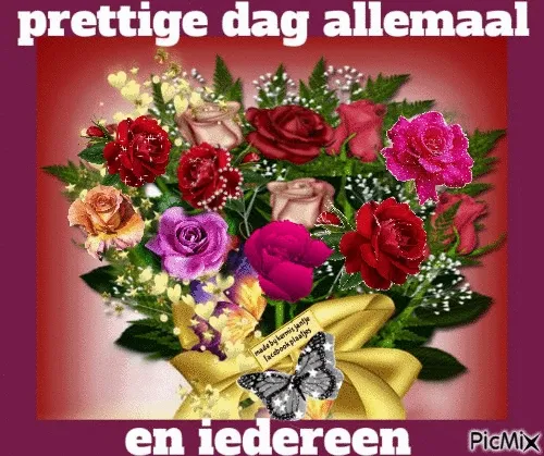 Bloemenboeket met rozen en een boodschap: 'prettige dag allemaal'.