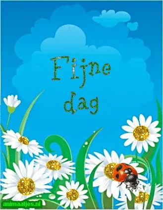 blauwe lucht met witte bloemen en een lieveheersbeestje. Tekst: "Fijne dag".