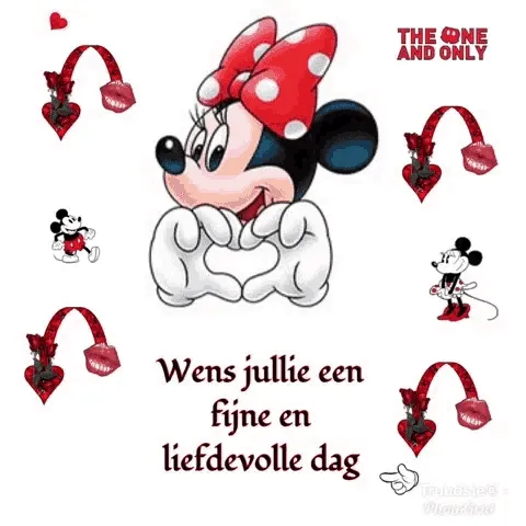 Mickey en Minnie Mouse wensen een fijne, liefdevolle dag met hartjes en vrolijke kleuren.
