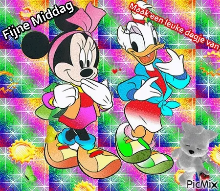 Minnie Mouse en Donald Duck dansen op een kleurrijke achtergrond met tekst.
