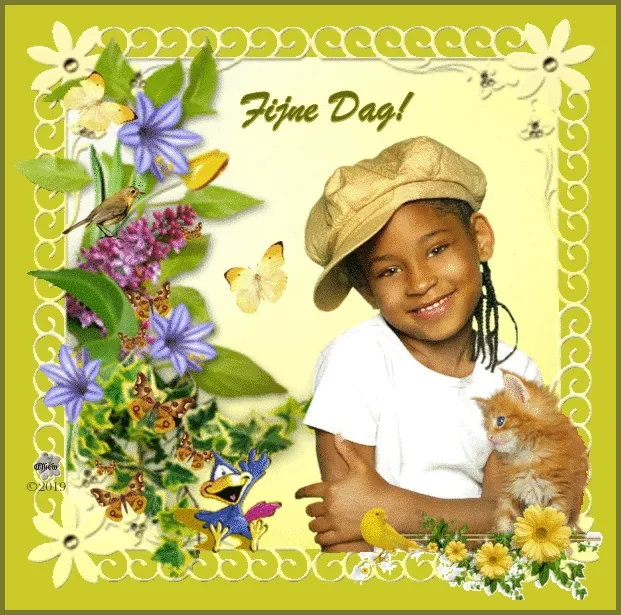 Een meisje met een hoed omringd door bloemen en dieren, met de tekst "Fijne Dag!".