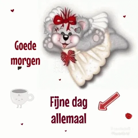 Een schattige cartoon met de tekst "Goede morgen" en "Fijne dag allemaal".
