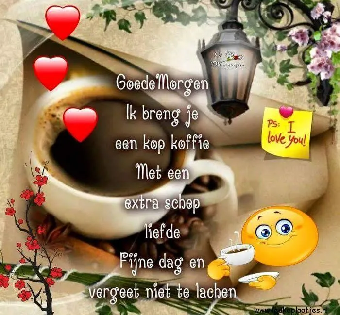 Koffiekop met liefdesgroet; wens voor een fijne dag en lachmomenten.