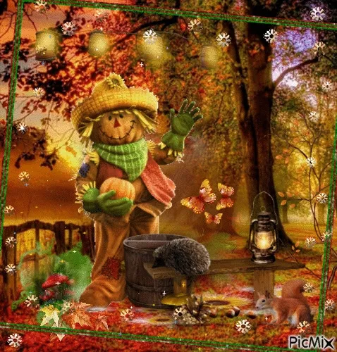 Een herfstlandschap met een vogelverschrikker, egel en eekhoorn tussen bladeren.