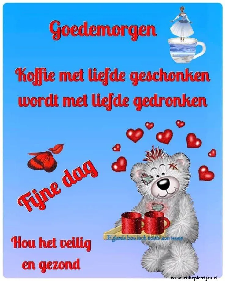 Tekst met goede wensen en afbeeldingen van een teddybeer en een koffiekop.