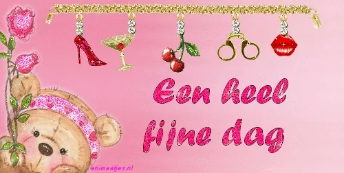 Een schattige teddybeer met versieringen en de tekst "Een heel fijne dag".