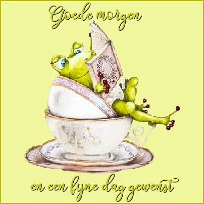 Groene kikker leest in een kopje met de tekst 'Goede morgen' bovenaan.