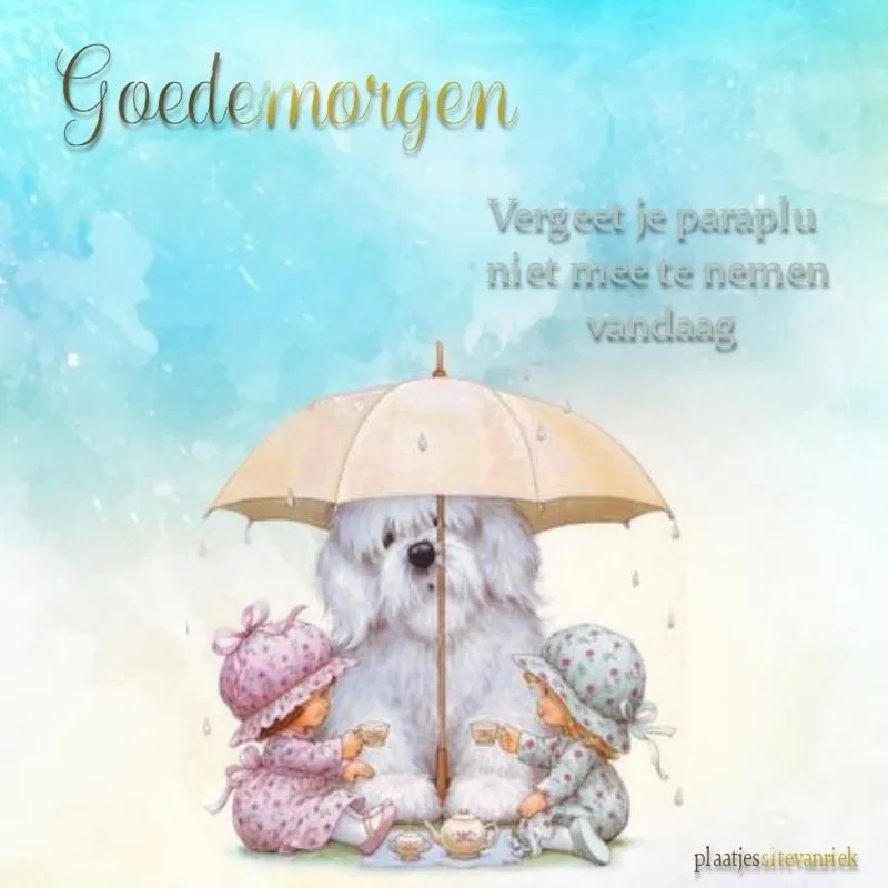 Twee kinderen en een hond onder een paraplu met thee en lekkernijen.