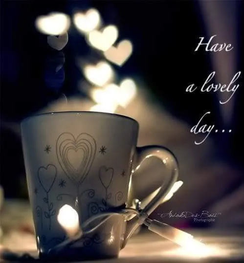 Een mok met hartjesmotief, omgeven door sfeervolle lichtjes en de tekst: "Have a lovely day."