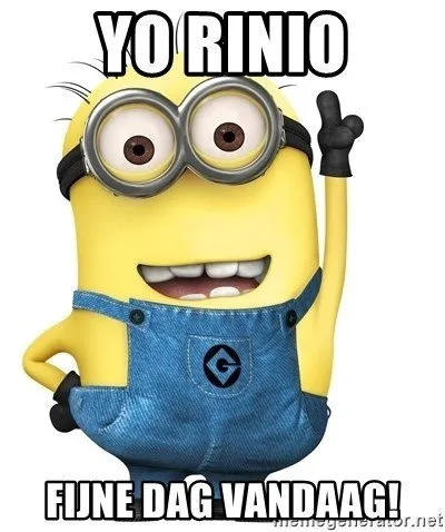 Minion met grote ogen en een blauwe overall, die vrolijk zwaait.