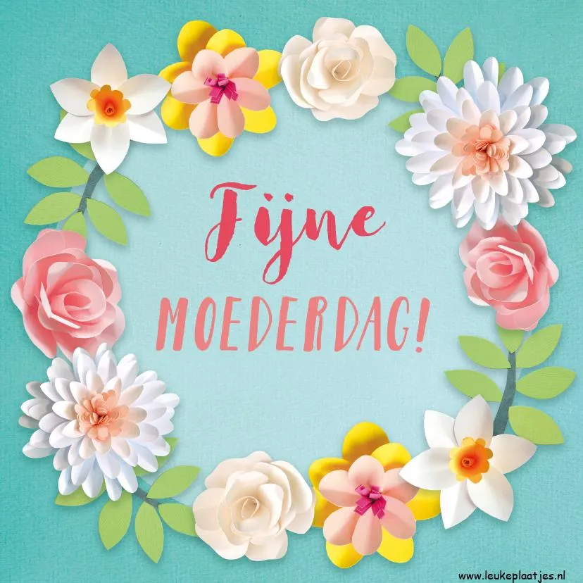 Kleurige bloemenrand met de tekst "Fijne Moederdag!" in het midden.