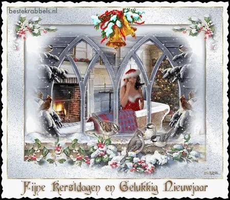 ᐅ fijne feestdagen gifjes - Kerst plaatjes Vrouw in badkleding met kerstdecoraties en vogels in een besneeuwd landschap.