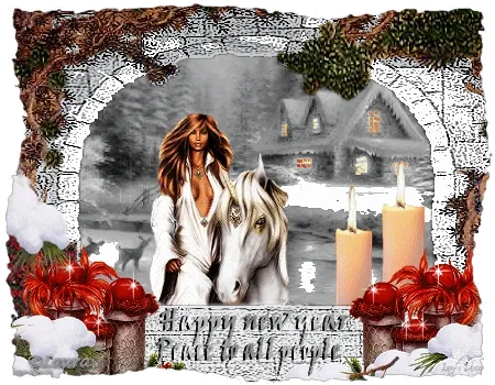 ᐅ fijne feestdagen gifjes - Kerst plaatjes Vrouw met een wit paard voor een huis, versierd met kerstdecoraties.