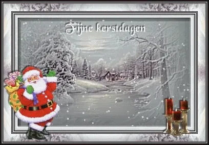 ᐅ fijne feestdagen gifjes - Kerst plaatjes Een winterlandschap met een kerstman en kaarsen, met de tekst "Fijne kerstdagen".