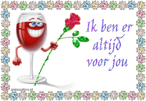 ᐅ fijne feestdagen gifjes - Kerst plaatjes Een glimlachend wijnglas houdt een roos vast met de tekst 'Ik ben er altijd voor jou'.