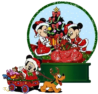 ᐅ fijne feestdagen gifjes - Kerst plaatjes Mickey en Minnie in kerstkostuums, cadeaus rond een kerstboom, met Pluto erbij.