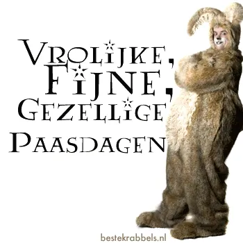 ᐅ fijne feestdagen gifjes - Kerst plaatjes Een persoon in een konijnenpak met de tekst: "Vrolijke, fijne, gezellige Paasdagen".