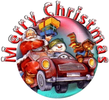 ᐅ fijne feestdagen gifjes - Kerst plaatjes Een vrolijke kerstafbeelding met een auto, sneeuwman, en geschenken.
