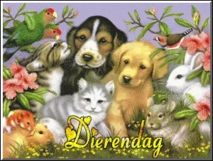 ᐅ fijne feestdagen gifjes - Kerst plaatjes Afbeelding met verschillende schattige dieren te midden van bloemen en de tekst 'Dierendag'.