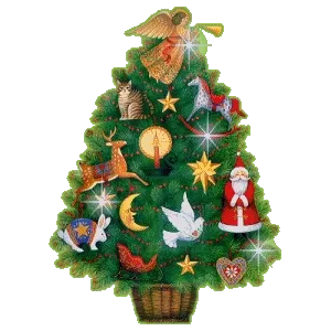 ᐅ fijne feestdagen gifjes - Kerst plaatjes Kerstboom versierd met dieren, sterren, een engel en een kerstman.