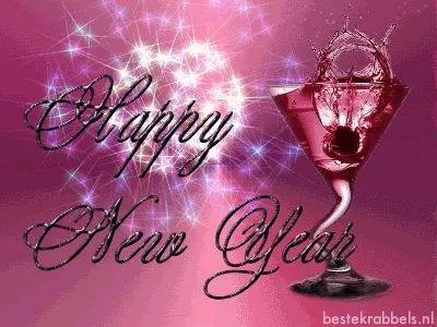 Een feestelijke afbeelding met een roze cocktail en de tekst "Gelukkig Nieuwjaar".