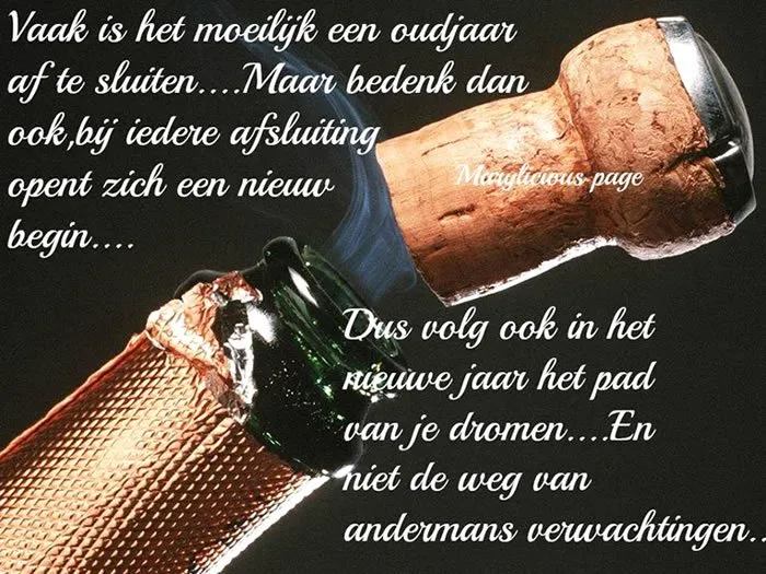 Fles champagne met een kurk, op de achtergrond een inspirerende tekst over nieuwe beginnen.