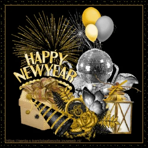 Feestelijke nieuwjaarsdecoraties met ballonnen, vuurwerk en glitter.