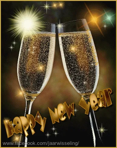 Twee champagneglazen met sprankels en tekst "Gelukkig nieuwjaar".