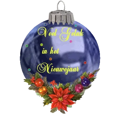 Kerstbal met de tekst "Veel Geluk in het Nieuwejaar" en decoratieve elementen.
