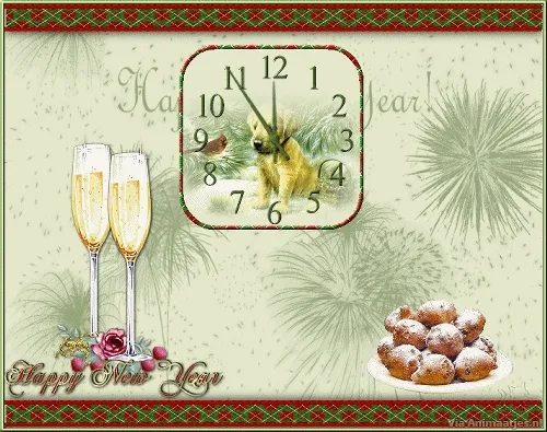 Achtergrond met vuurwerk, klokken en nieuwjaarswensen met champagneglazen.