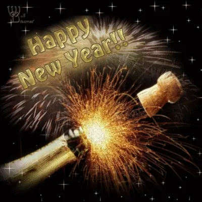 Een champagnefles die geopend wordt met vuurwerk, met de tekst "Gelukkig Nieuwjaar".