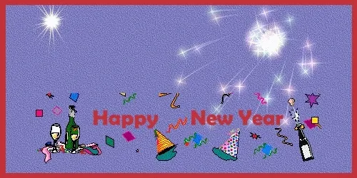 Kaart met "Gelukkig Nieuwjaar", confetti en feesthoedjes.