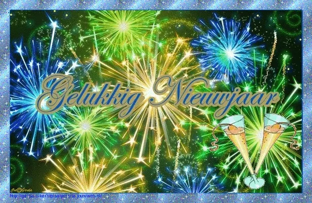 Vuurwerk met de tekst 'Gelukkig Nieuwjaar' en twee champagneglazen.