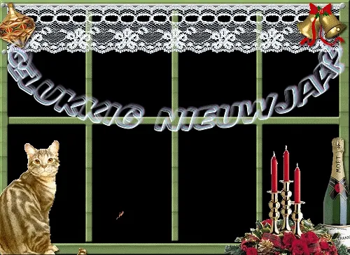 Een raamdecoratie met een kat, kaarsen en een nieuwjaarswens.