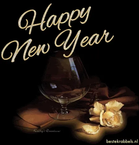 Felicitatie voor het nieuwe jaar met een glas en een bloem.