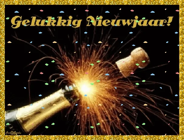 Feestelijke nieuwjaarswens met een vonkende champagnefles.