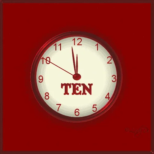 Donkere klok met de wijzers op tien en het woord 'TEN' in het midden.