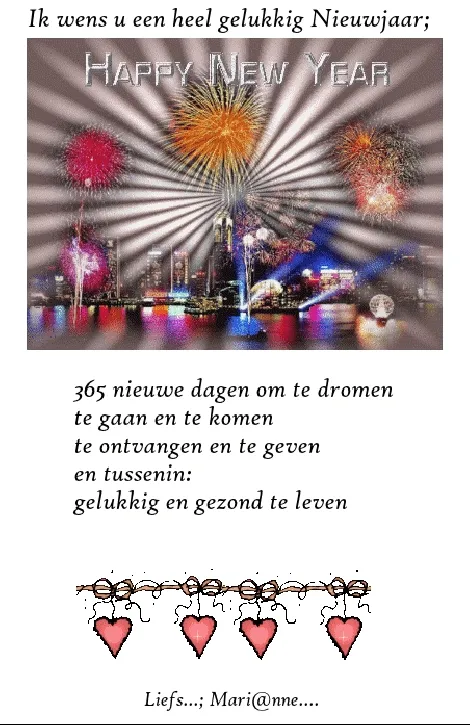 Feestelijke nieuwjaarsgroet met vuurwerk en hartjesillustraties.